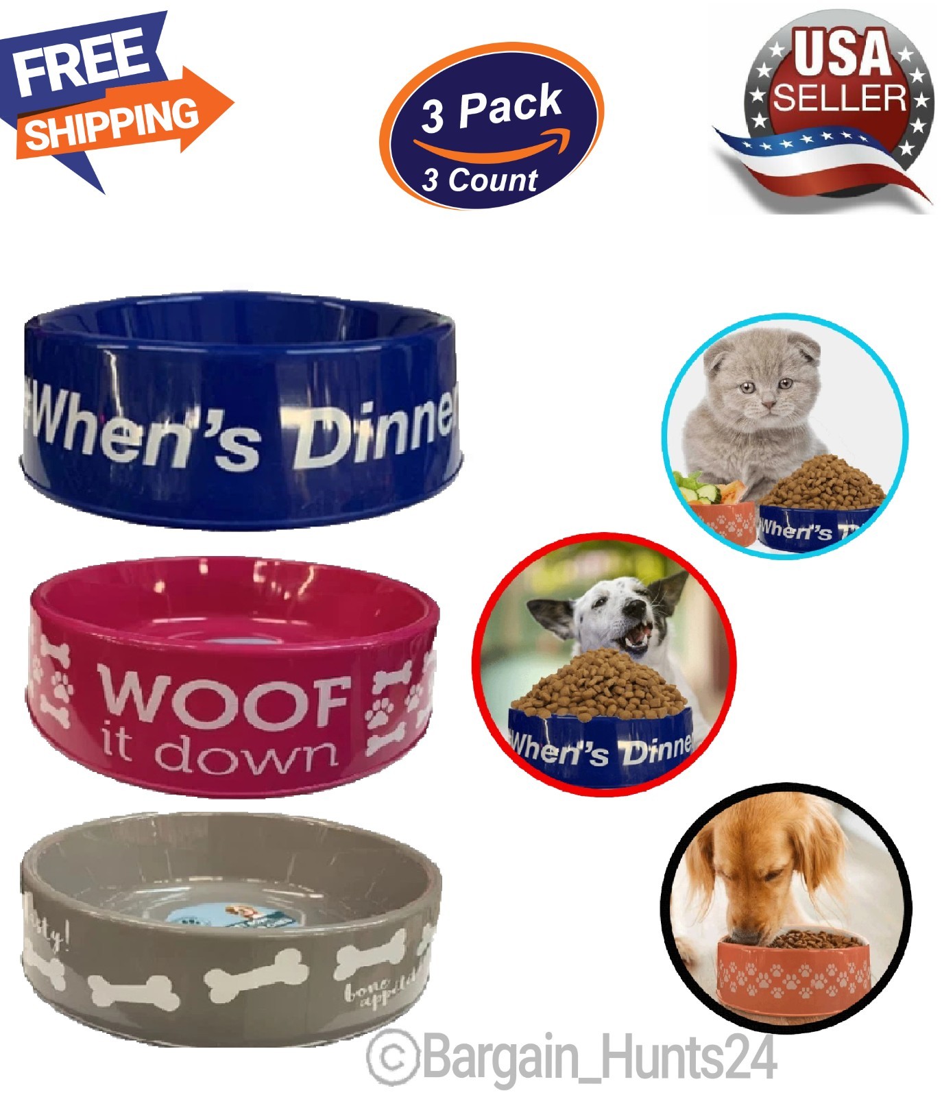 3Ct. Pet Dog Cat Food Feeding Water Dish Plastic Plate Bowl with Bones 9.75″