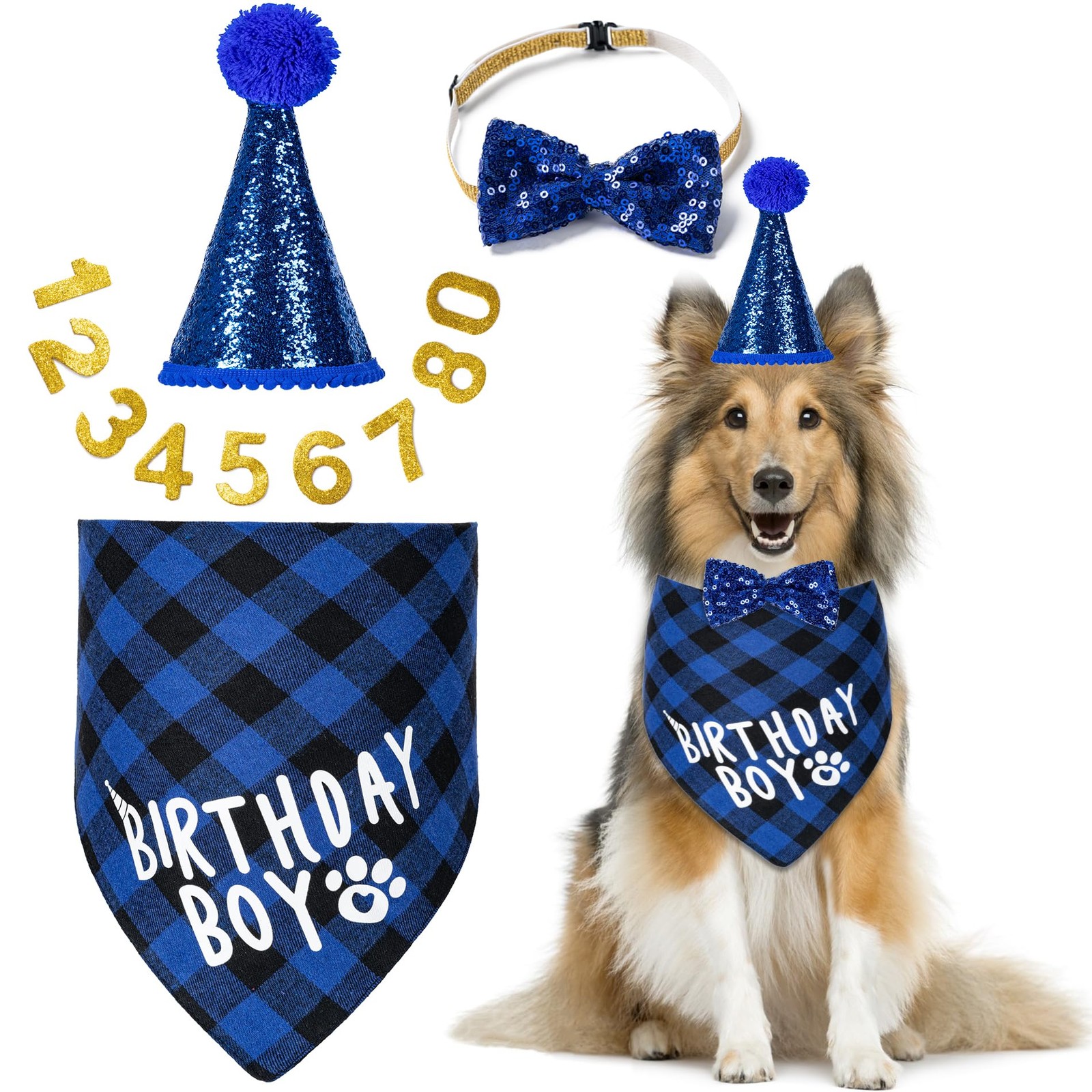Dog Birthday Party Supplies Bandana Hat Bow Tie 0-8 Numbers Blue X-Large