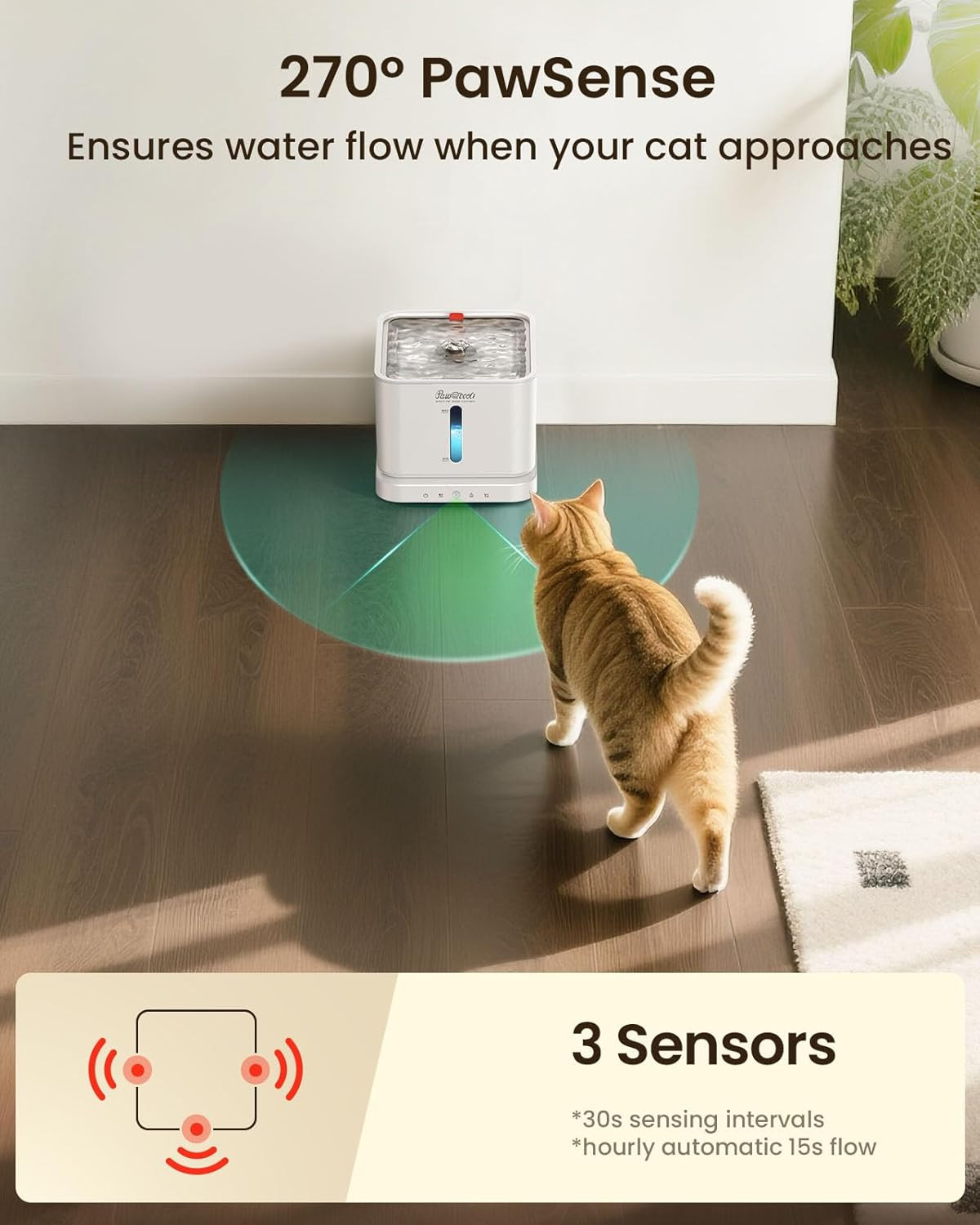 Cordless Cat Water Fountain, 3L/100Oz Stainless Steel Tray, Cat Fountains for Dr