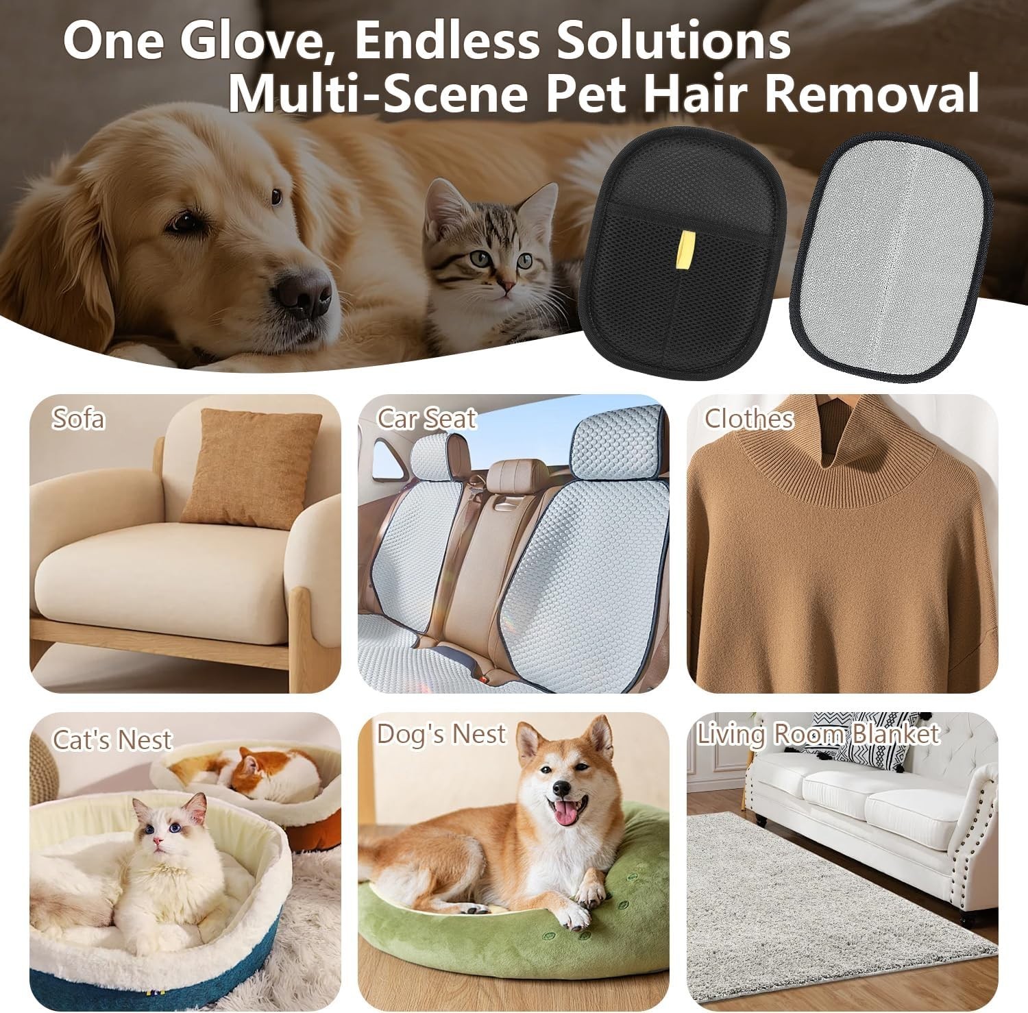 2- Pack Pet Hair Remover Gloves Reusable Dog, Cat Fur Cleaner for Car Sofa Couch