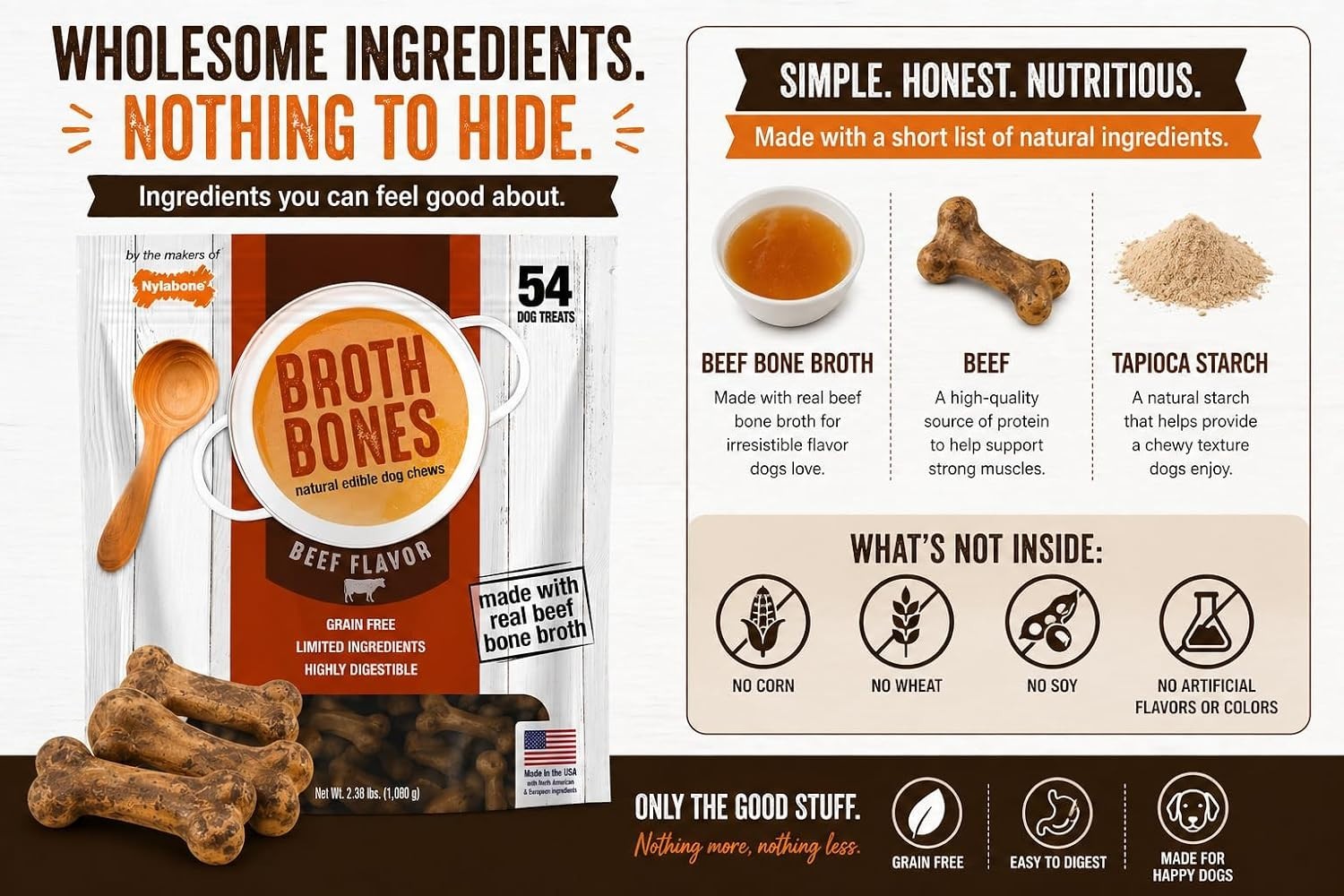 Nylabone Broth Bones Natural Edible Dog Treats – Beef Flavor 60 ct 2.60 lb