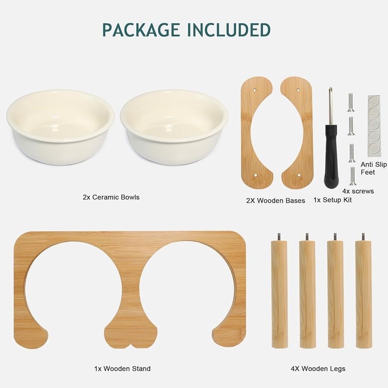 Ceramic Elevated Dog Bowl W/ Bamboo Stand Anti-Slip Design Health Safe Feeding