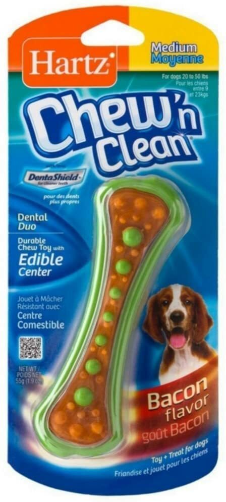 12 PACK Hartz Chew N’ Clean Dental Duo Dog Chew Toy Bacon Flavor, Medium