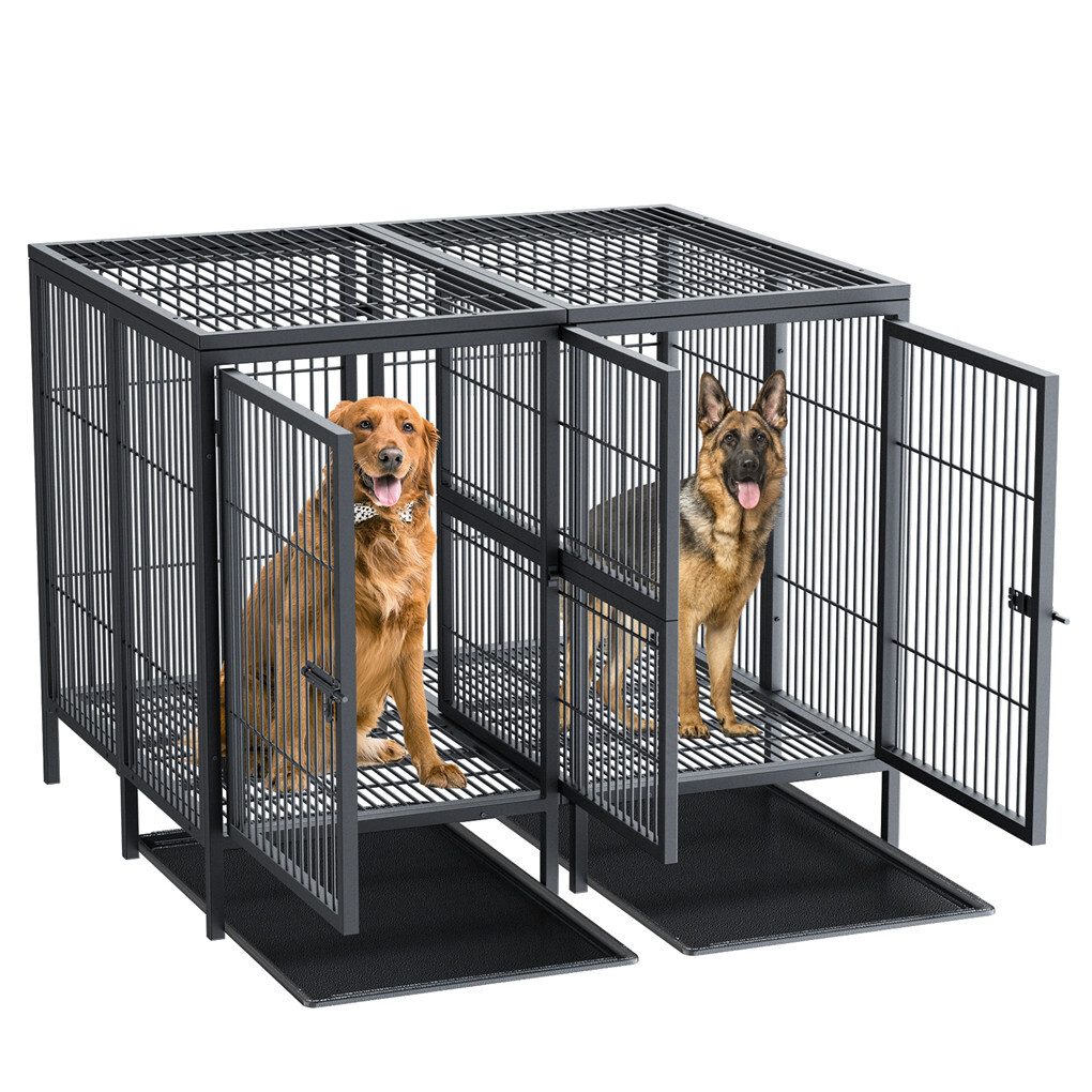 Jumbo Heavy Duty Metal Double Dog Cage Kennel Crate Playpen with Divider＆Tray