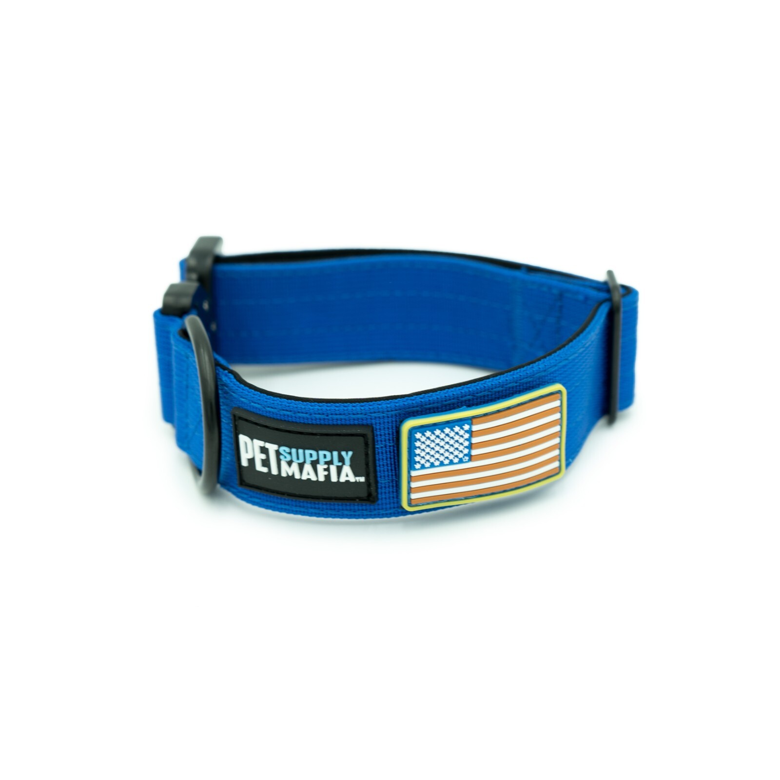 Tactical dog collar – 1.5in wide, Heavy duty with metal buckle USA flag – Blue,