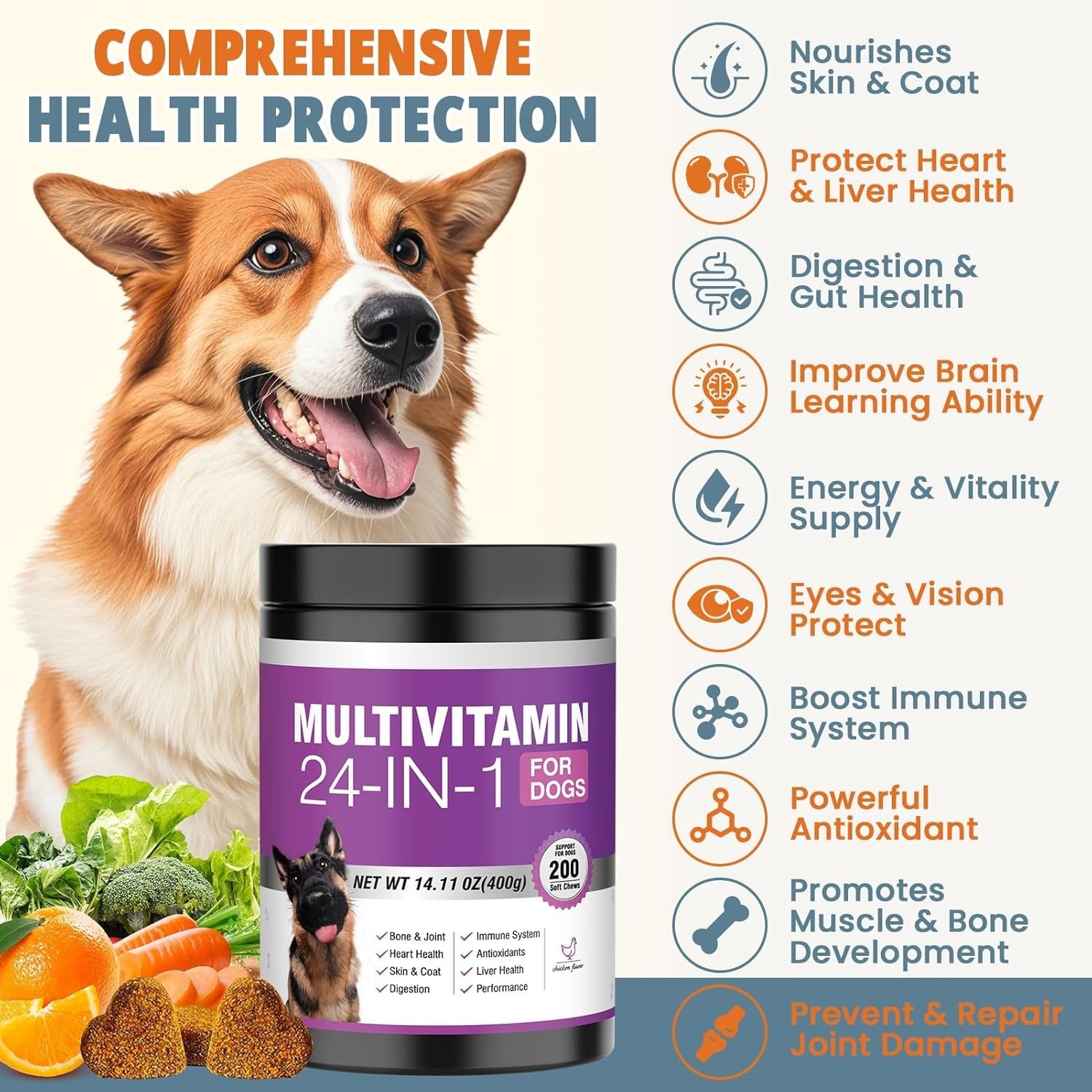 24-in-1 Dog Vitamins and Supplements 200 Ct Dogs Multivitamin Chewable