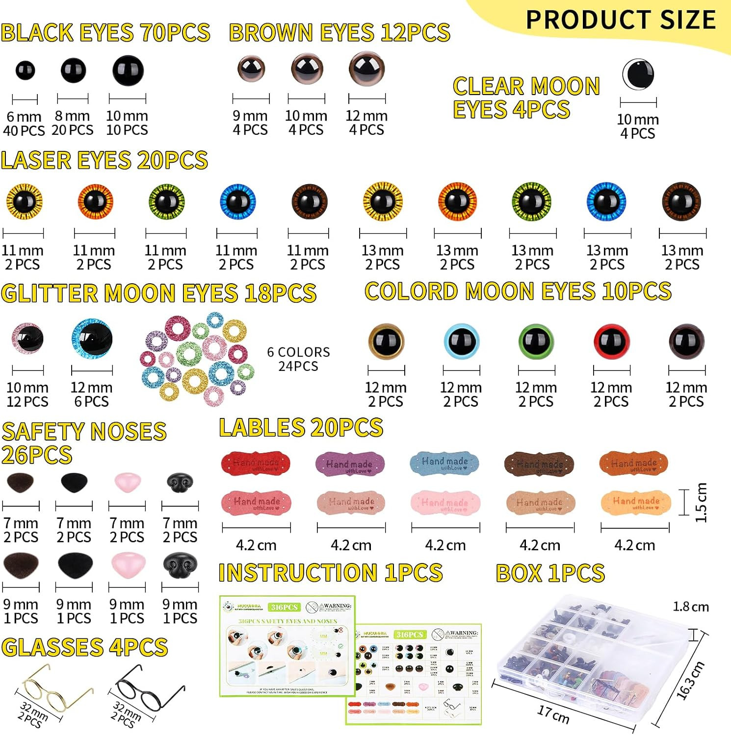 316PCS Safety Eyes for Crocheting with Washers 3D Safety Eyes and Noses Set Amig