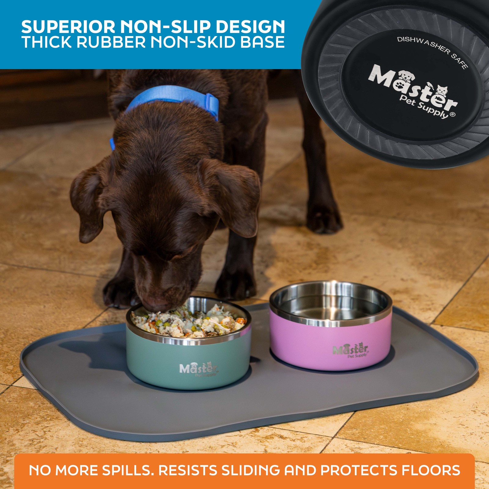 Stainless Steel Medium Double Wall Dog Bowl with Anti Skid Base – Black Velvet