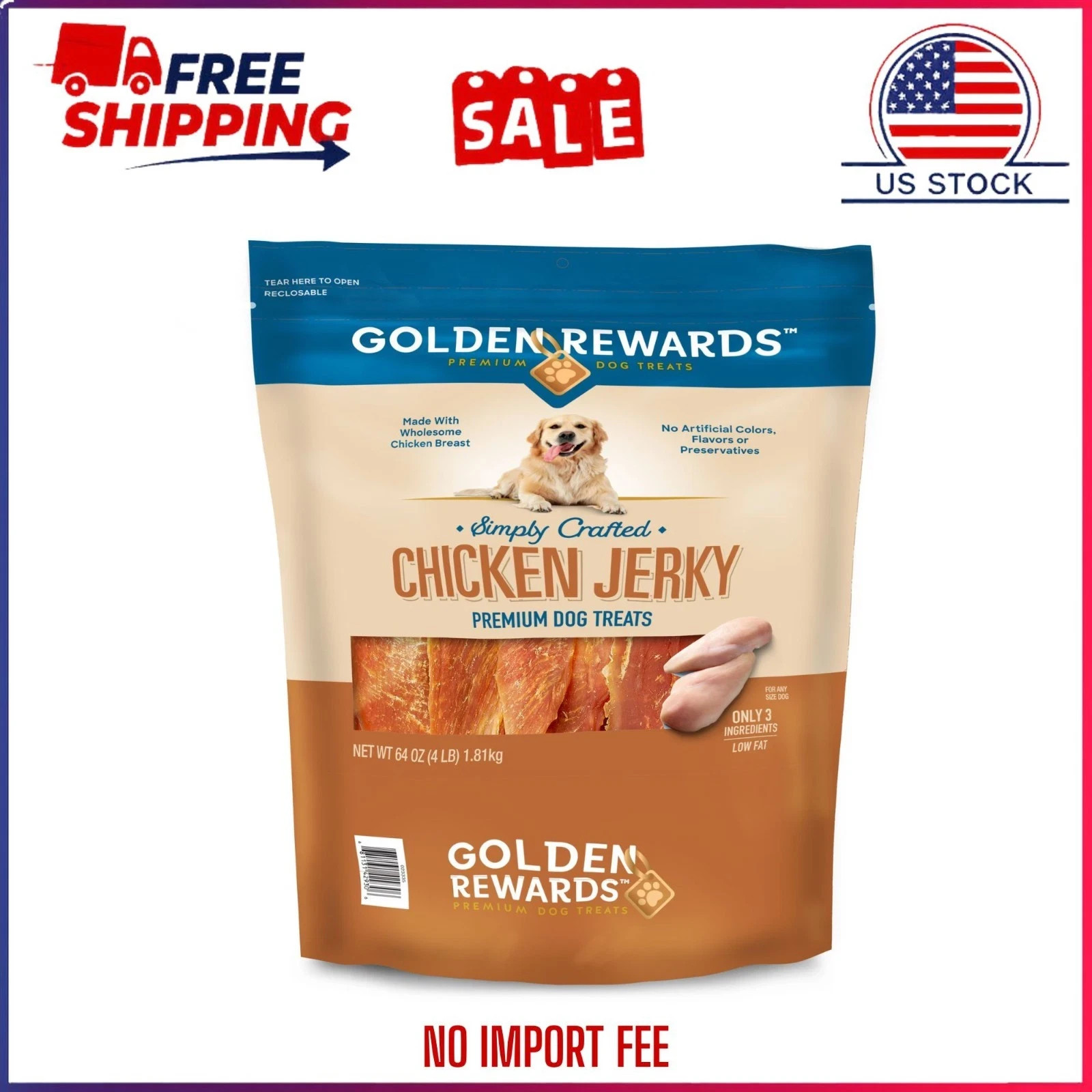 Golden Rewards Chicken Flavor Premium Dry Jerky Treats for All Dogs 64 oz