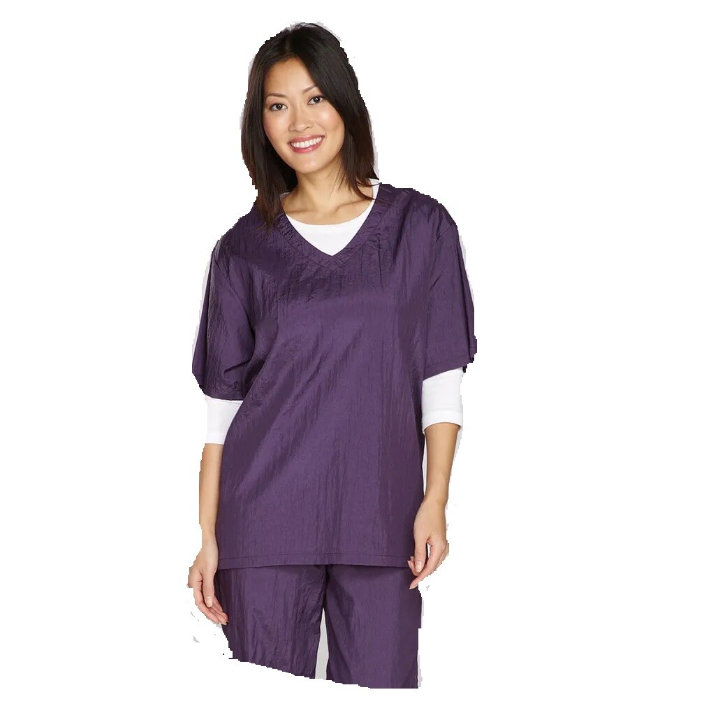 Purple V Neck Short Sleeve Smocks Groomer Barber Stylist Resists Water Stains