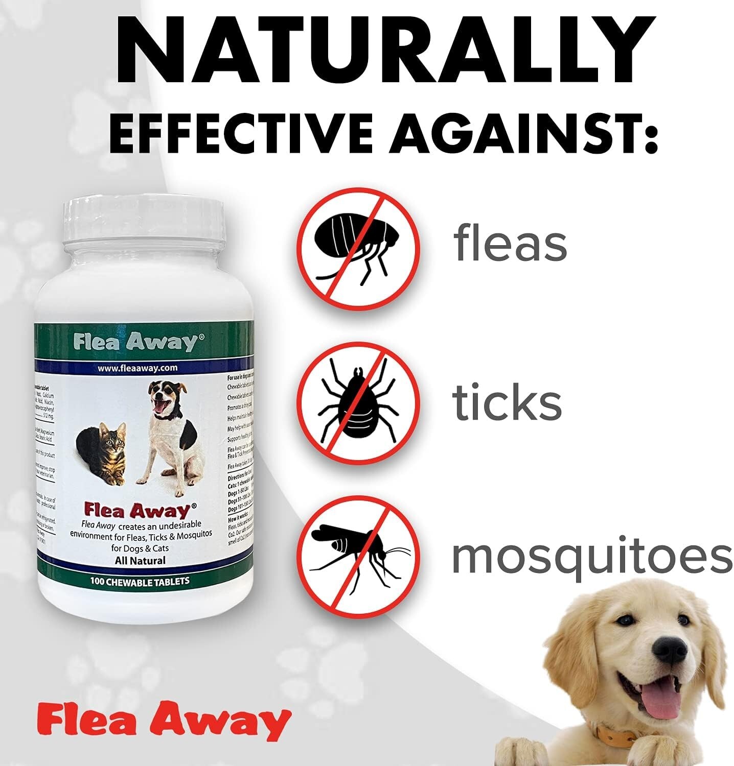 Flea Away 100 Chewable Tablets Flea, Tick & Mosquito Repellent for Dogs & Cats