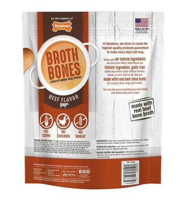 Nylabone Broth Bones Natural Edible Dog Treats – Beef Flavor 60 ct 2.60 lb