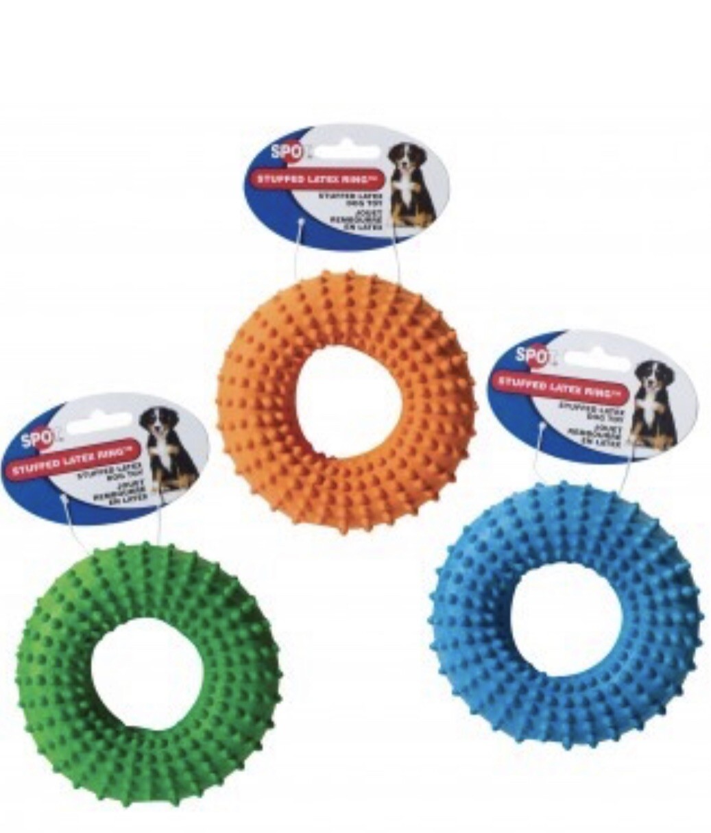 3-PACK Stuffed Rubber Spiked SQUEAKY Donut Tire Ring 5.5” Dog Soft Dot Chew Toy