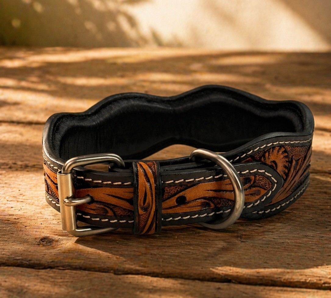 Western Leather Handmade Pet Dog Collar Heavy Duty Hand Tooled Adjustable