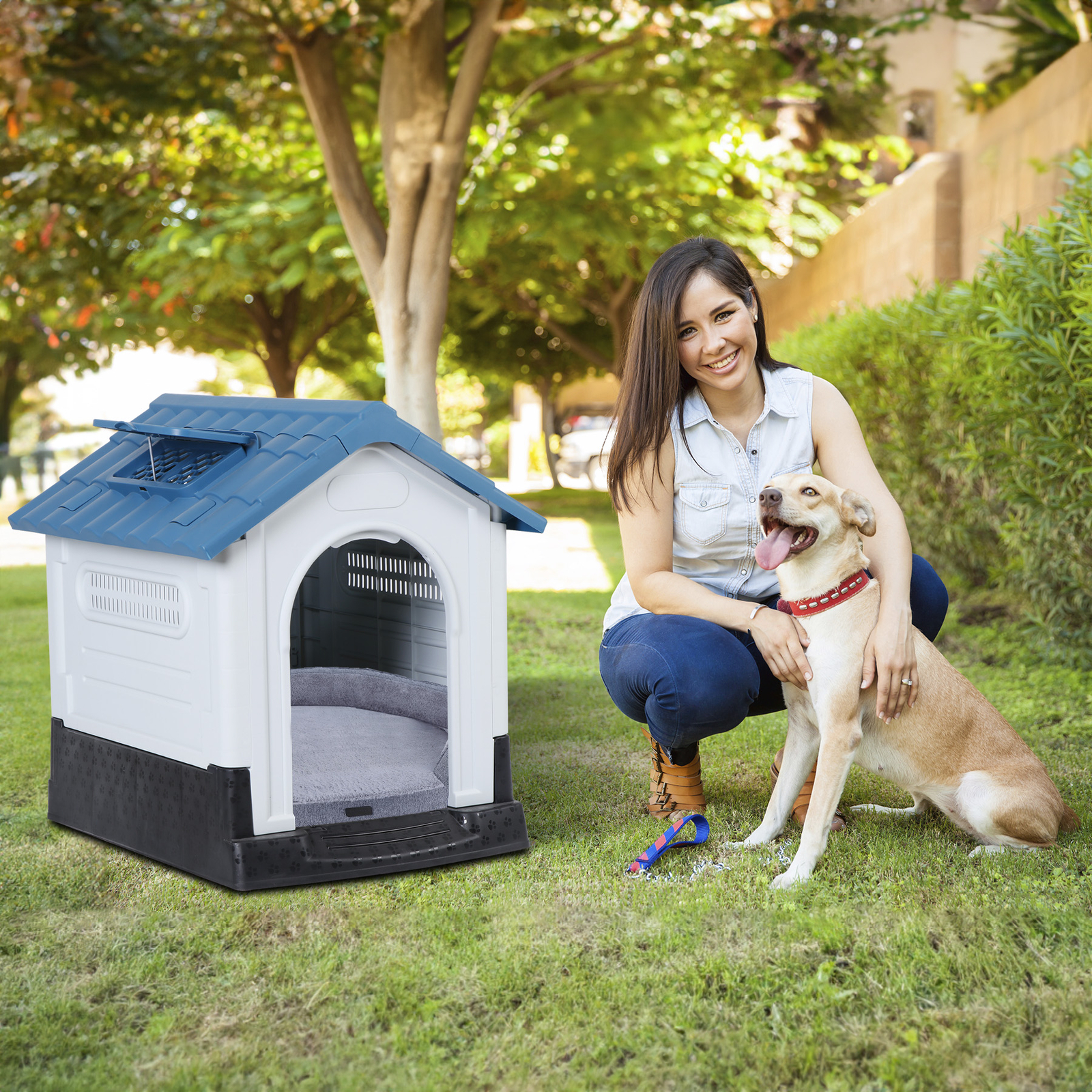 Dog House Indoor Outdoor Ventilate Waterproof Pet Plastic W/ Adjustable Skylight