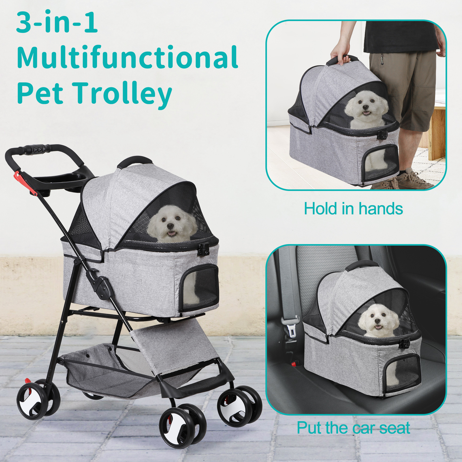 3 in 1 Folding Dog Stroller Pet Stroller for Medium Dog w/Removable Carrier Gray