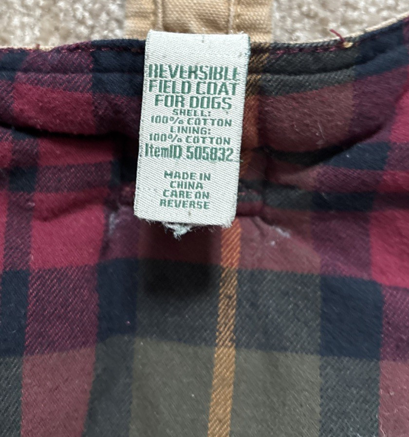 LL Bean Dog Reversible Field Coat Jacket Tan/Plaid Flannel Cotton Item 505832