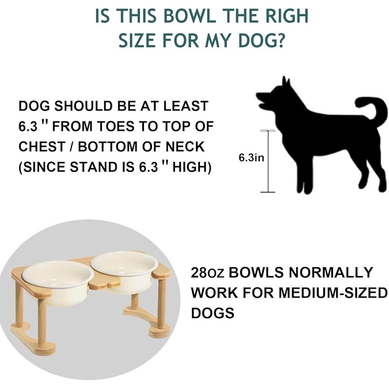 Ceramic Elevated Dog Bowl W/ Bamboo Stand Anti-Slip Design Health Safe Feeding