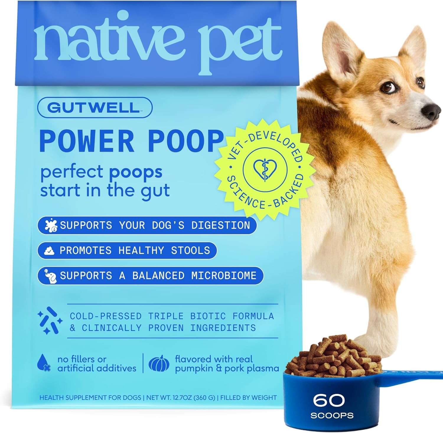 Native Pet GutWell Power Poop – Digestive Enzymes & Fiber, 60 Scoops