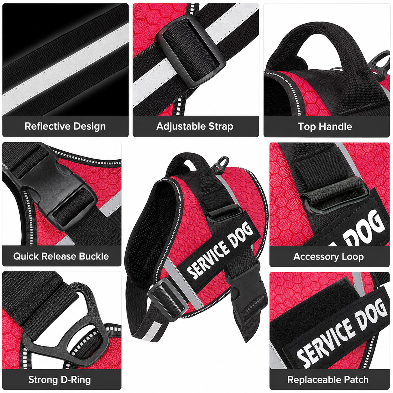 Reflective Service Dog Vest Harness, Woven Nylon with Adjustable Straps XS-XXL