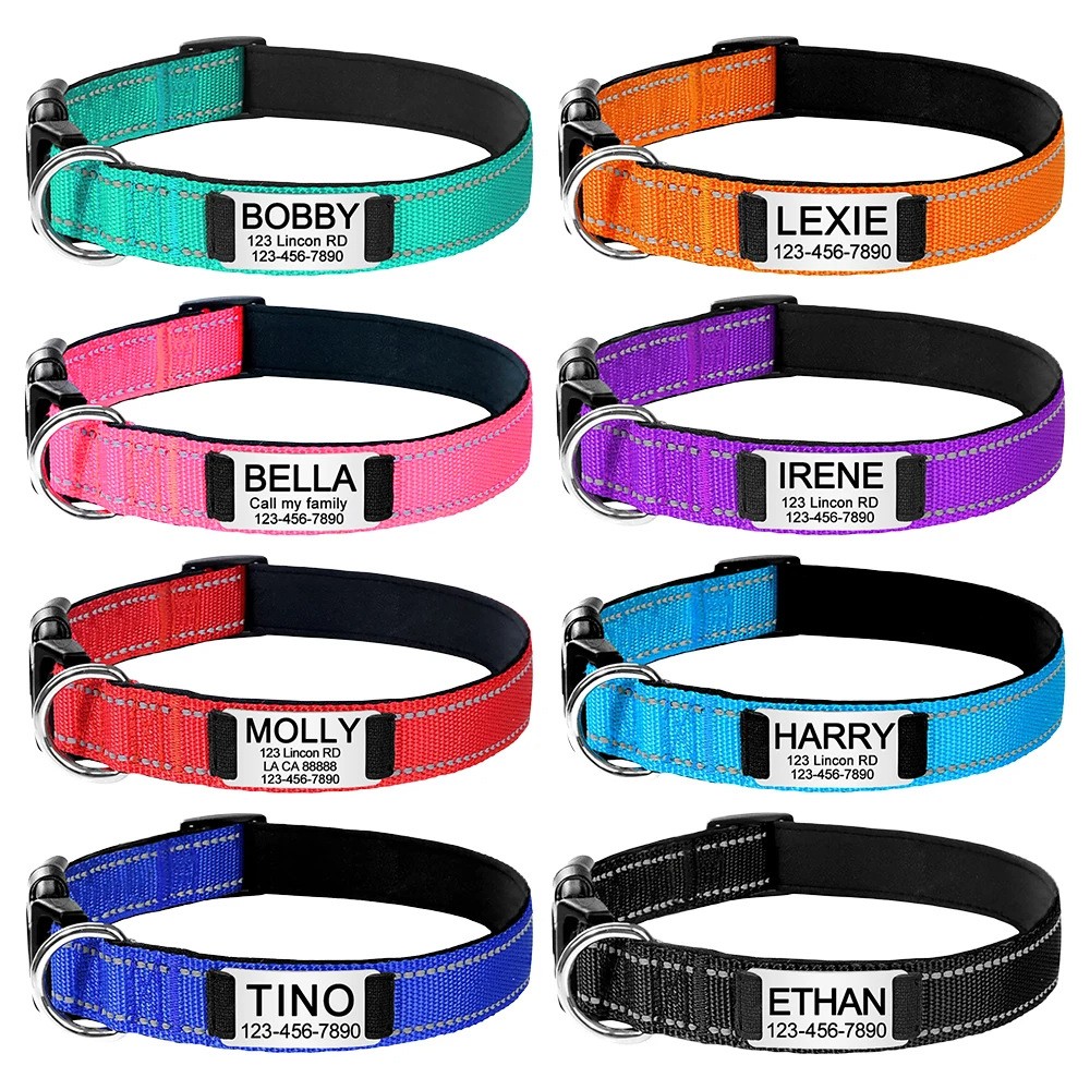 Personalized Nylon Reflective Dog Collar Engraved Custom ID Tag Name/Number