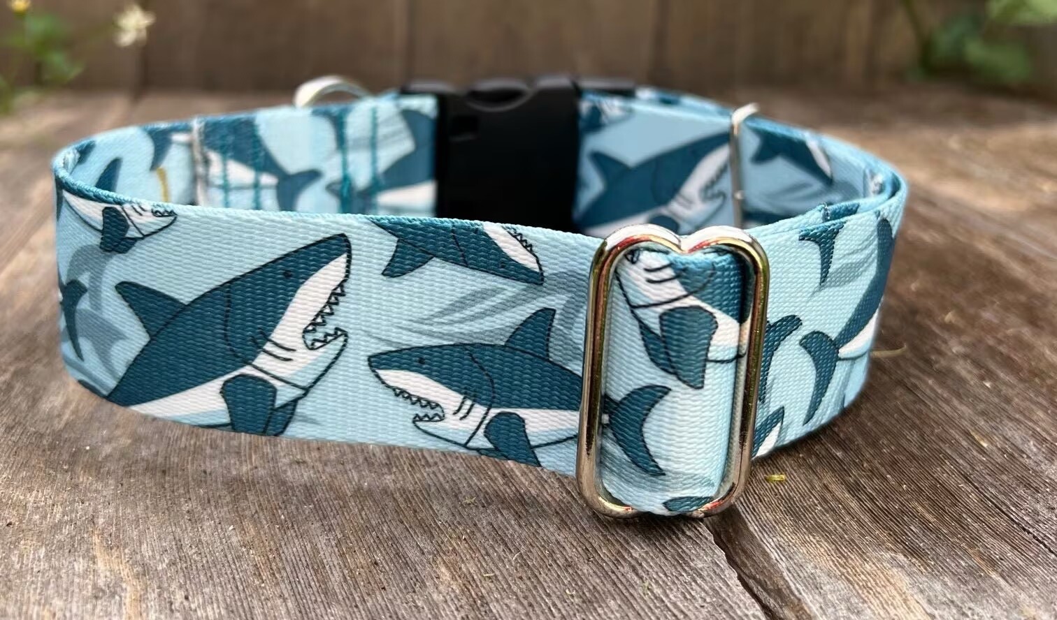 1 .5 inch Wide Sharks Beach Collar Quick Release Adjustable Handmade in the USA