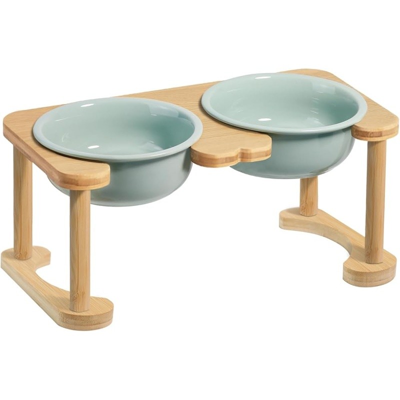 Ceramic Elevated Dog Bowl W/ Bamboo Stand Anti-Slip Design Health Safe Feeding
