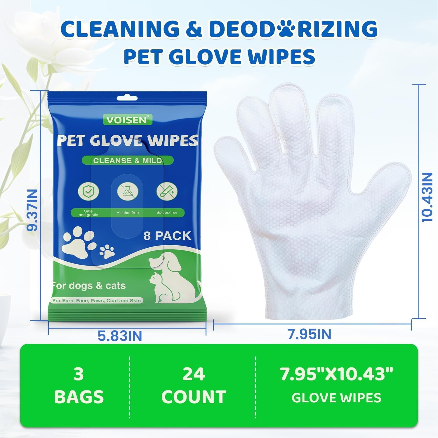 VOISEN 24 Pcs Pet Glove Wipes for Dogs and Cats,Cleaning & Deodorizing Bathin…