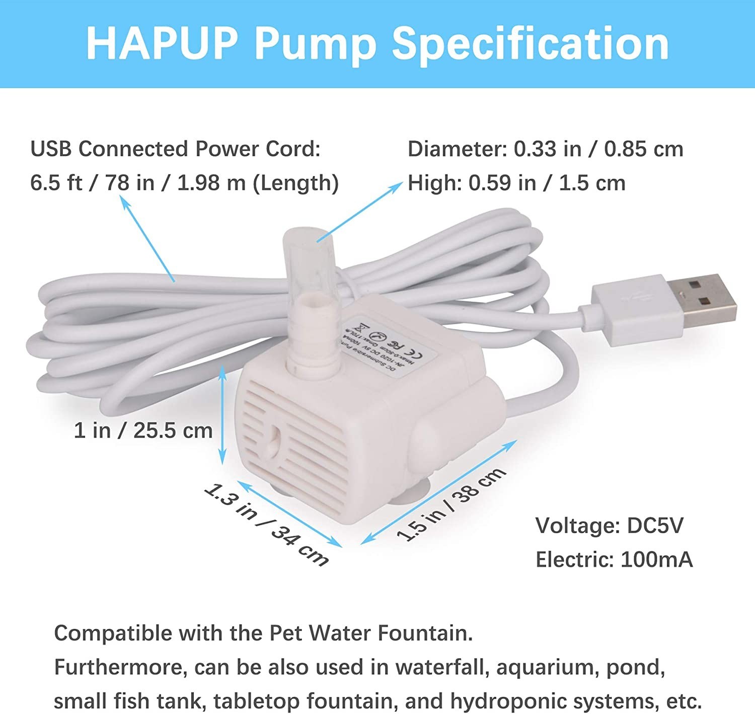 Pet Water Fountain Pump Replacement Pump for Stainless Steel Cat Water Dispenser