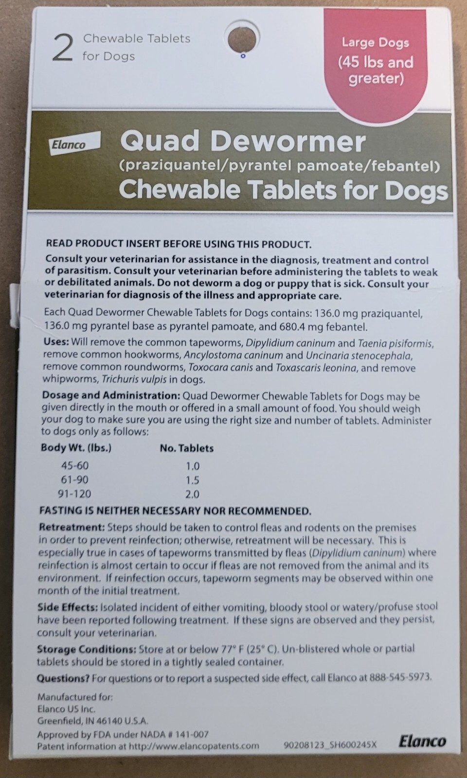 QUAD DEWORMER by Elanco for Large Dogs 45 + lbs 2 CHEWABLE TABLETS Bayer GENUINE