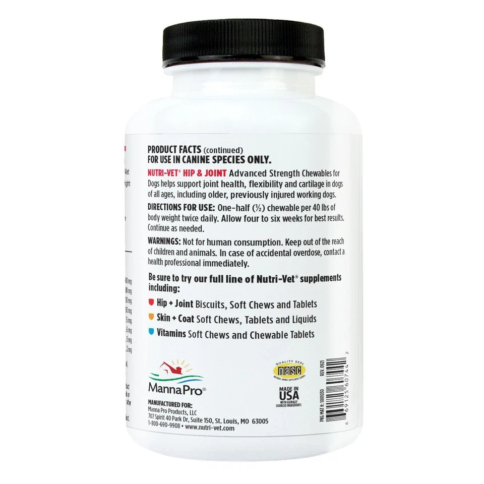 Nutri-Vet Advanced Hip & Joint Dog Supplement 500mg Glucosamine 300 Tablets NEW