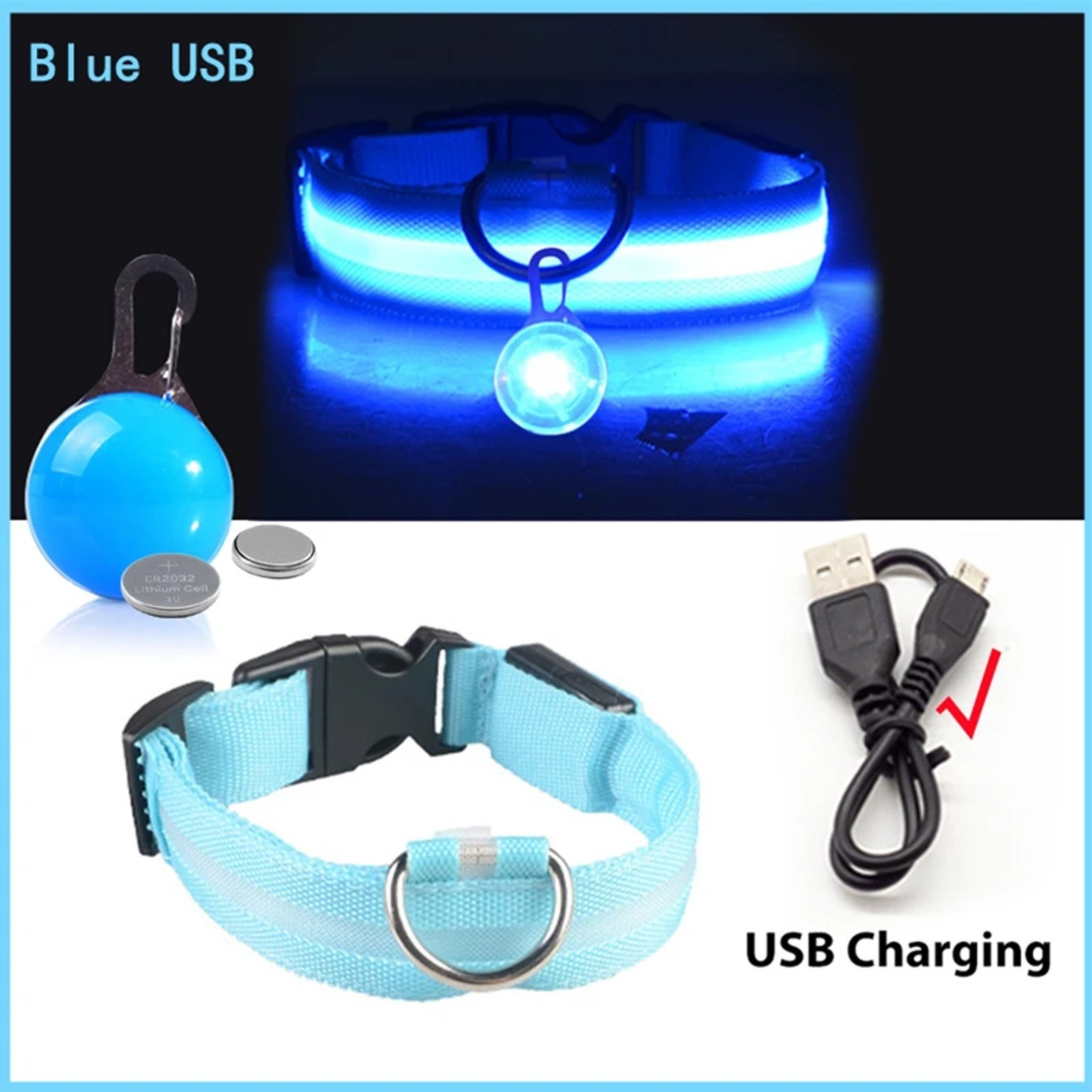 USB Rechargeable LED Dog Collar w/ Pendant – Glowing Safety for Small Dogs & Cat