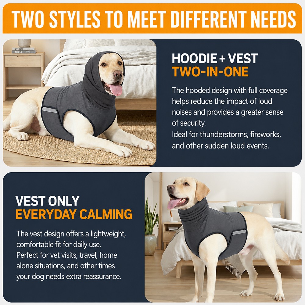 Dog Anxiety Vest with Hood Calming Wrap Stress Relief Coat for Thunder Fireworks