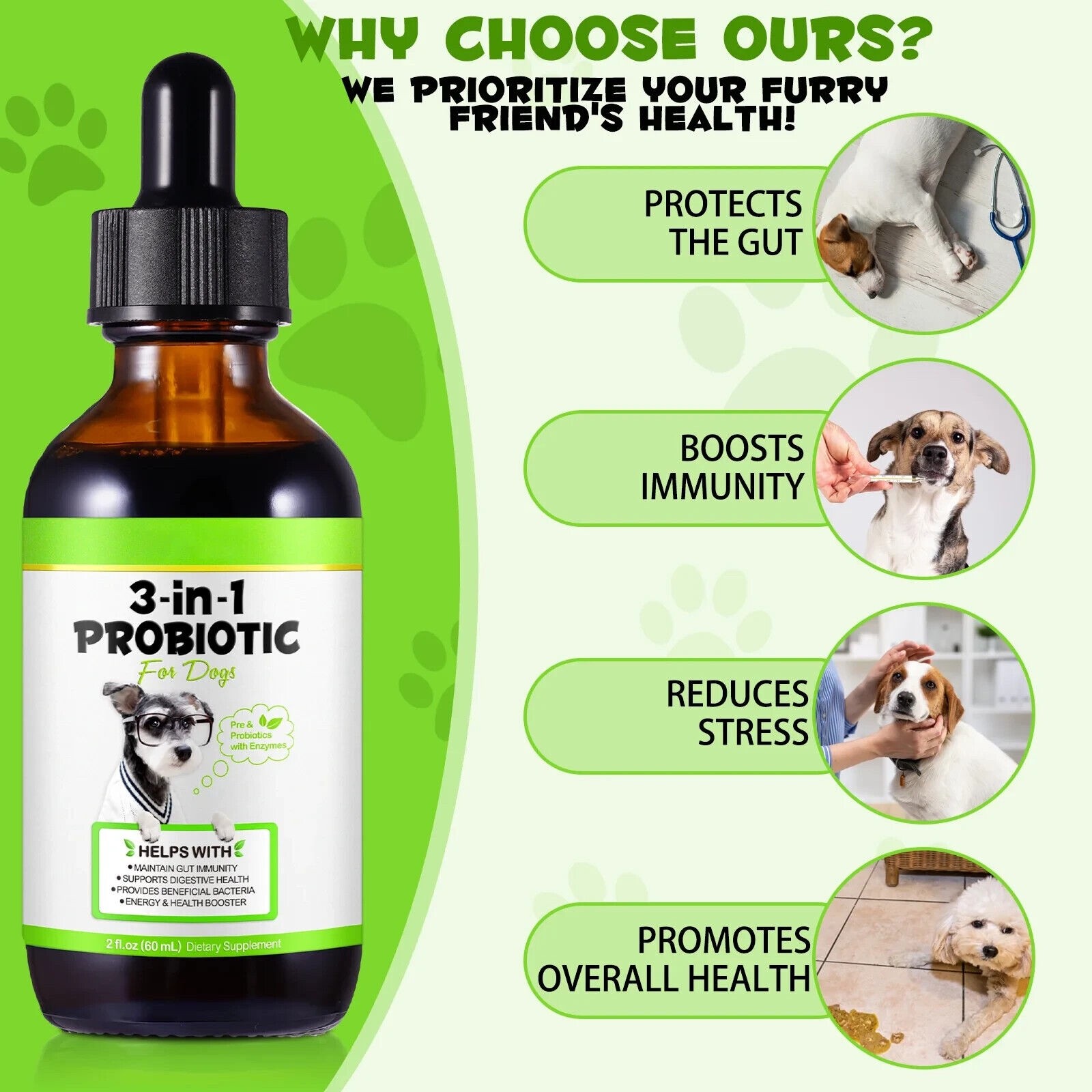 Probiotic for Dogs, Natural 3 in 1 Relieve Diarrhea, Supports Gut, Itchy Skin
