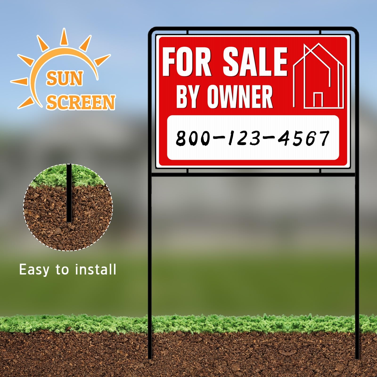 For Sale By Owner Yard Sign with Stakes, 30 inches High, Medium, Red
