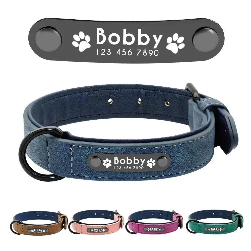 Soft Leather Personalised Dog Collar Custom ID Name for Small Medium Large Dogs