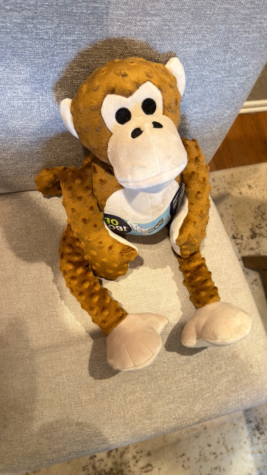 goDog Checkers Plush Monkey Dog Toy with Squeaker Brown Durable Soft Chew Toy