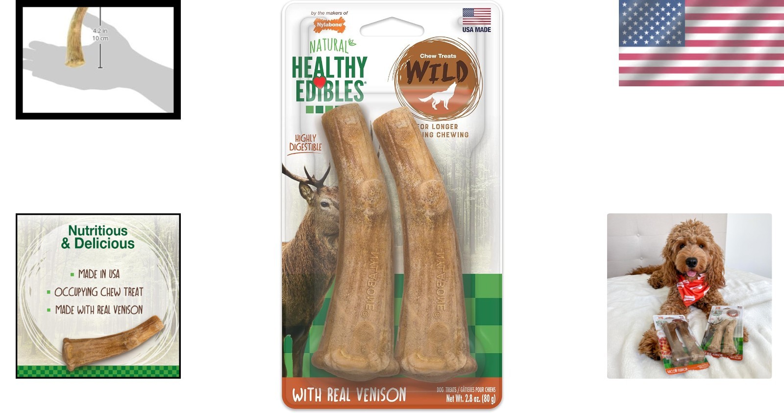 All-Natural Venison Chew Bones for Large Dogs – Long Lasting Dog Treats, 2 Count
