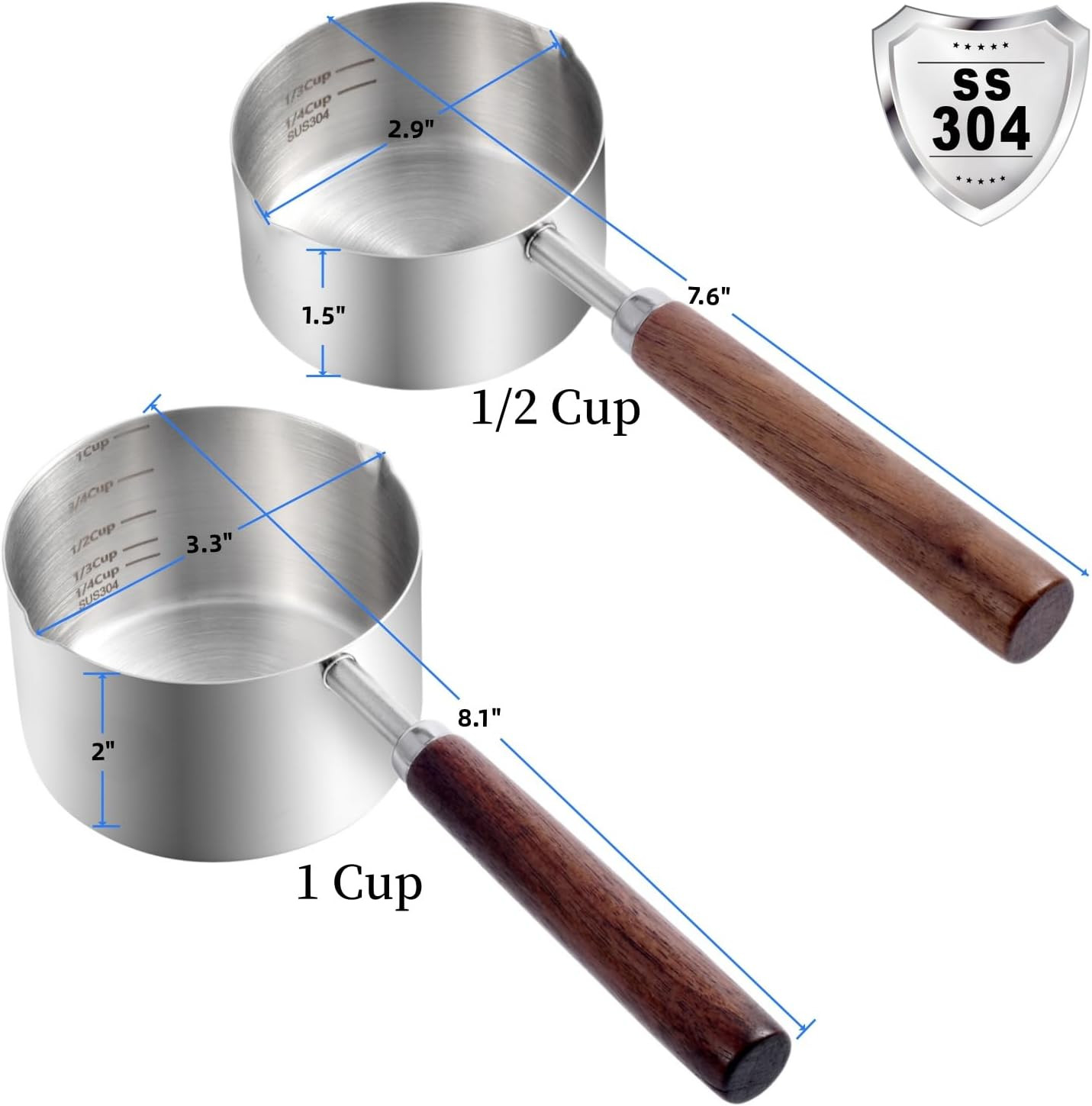 Dog Food Scoop, 1 Cup and 1/2 Cup, 304 Stainless Steel Pet Food Scoop Measuring