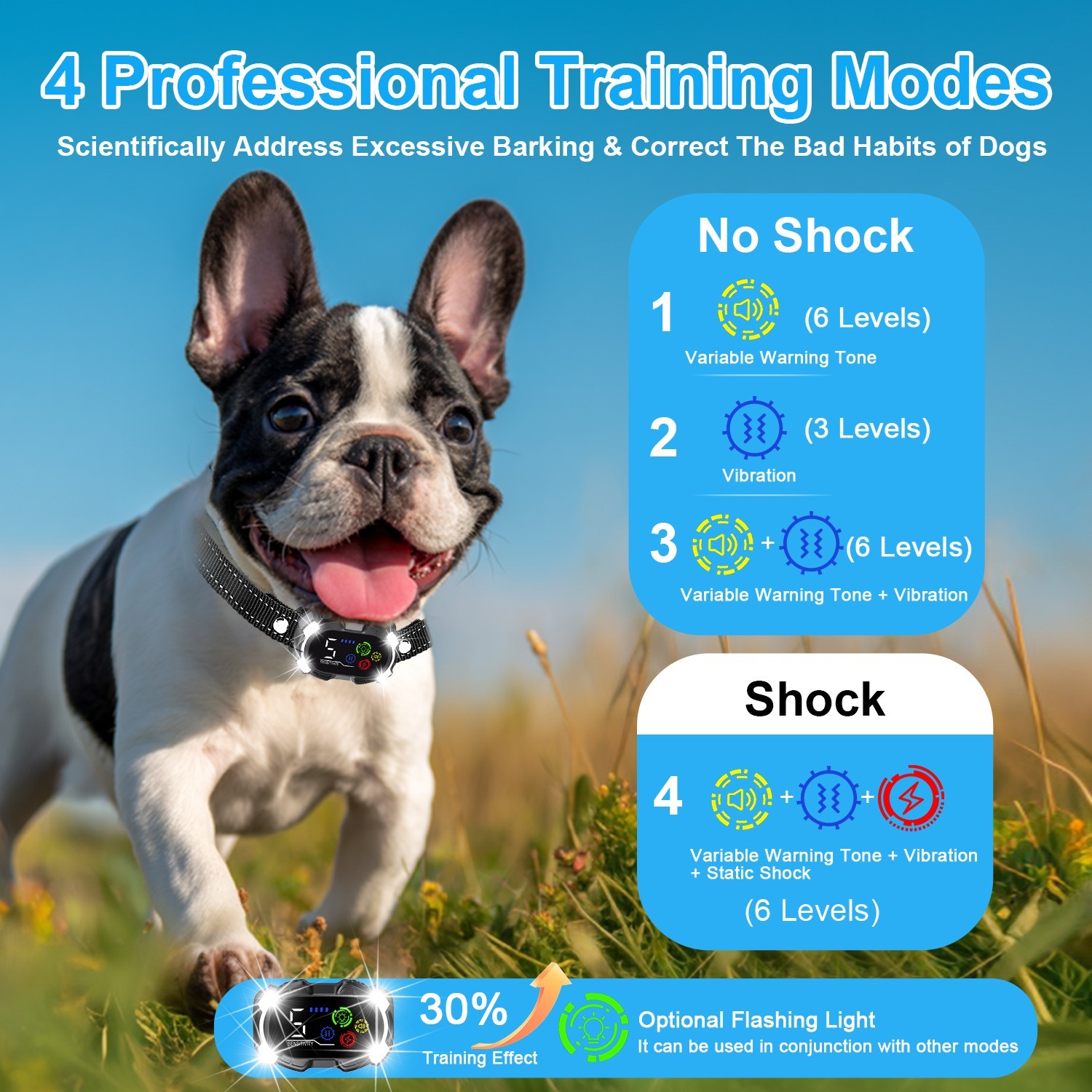 AI Smart Dog Bark Collar All Breed Large Medium Small Flashing Light Waterproof