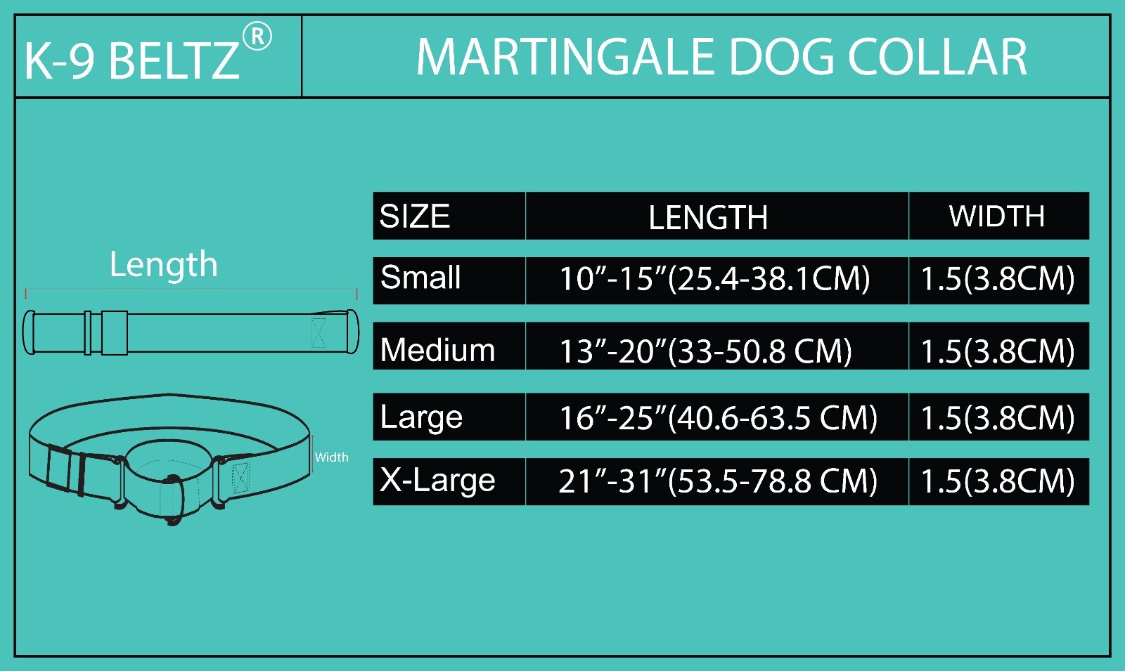 K-9 Beltz Martingale Nylon Dog Collar 1.5″ 3.8CM Wide Adjustable S, M, L XL