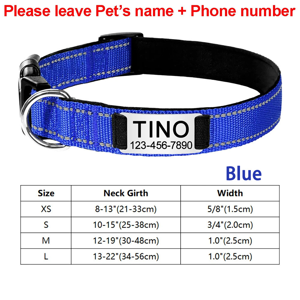 Personalized Nylon Reflective Dog Collar Engraved Custom ID Tag Name/Number