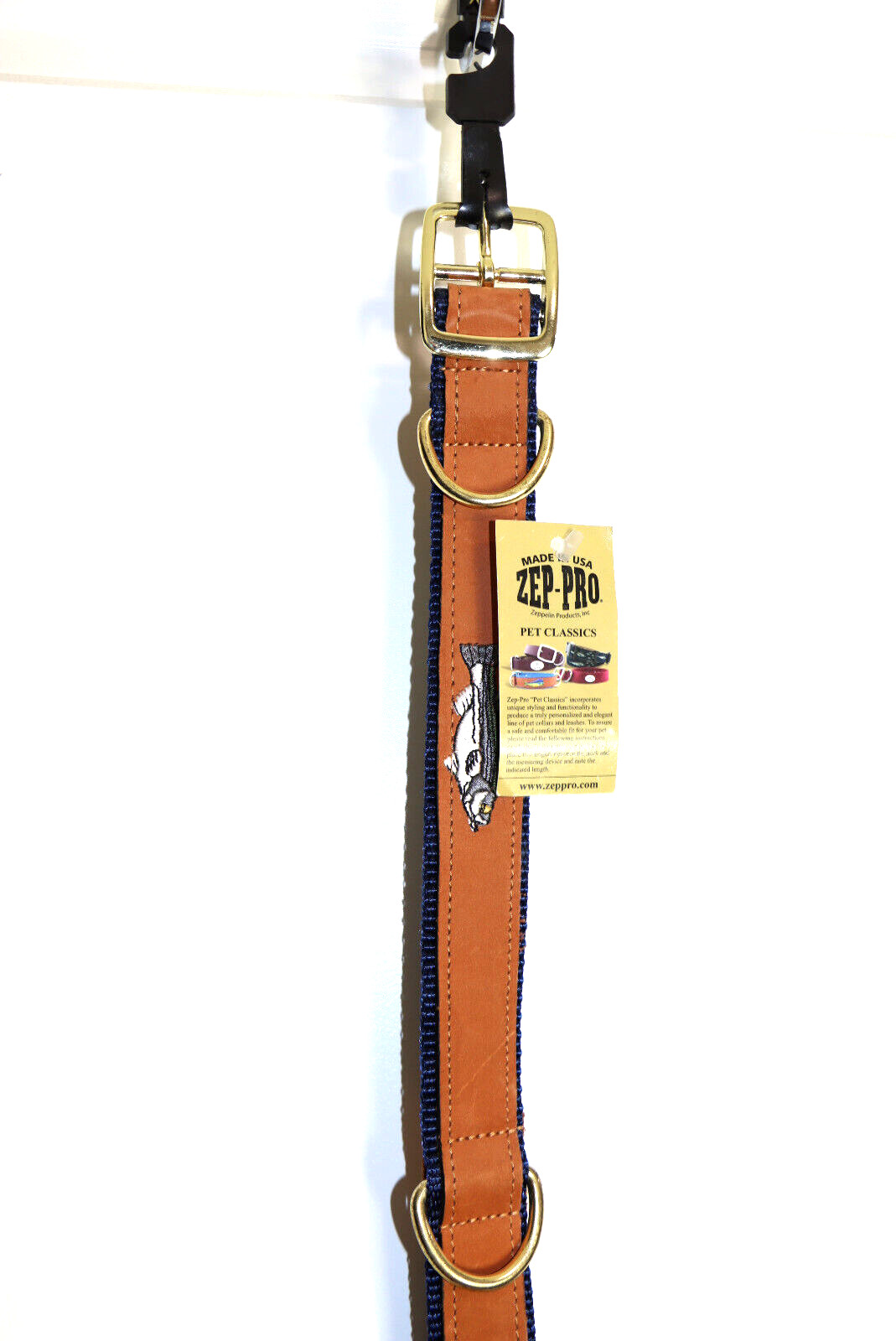 ZEP-PRO Brown Leather Blue Trim Fish Dog Collar 1-1/4″ Thick 26-1/2″ Long USA