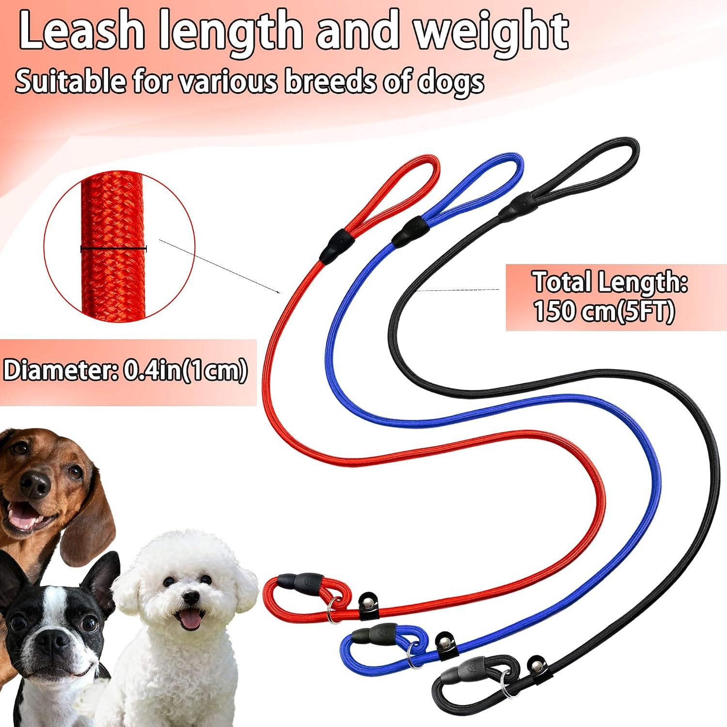 Upgraded Dog Slip Lead (3-Pack) Adjustable Nylon Lead for Dogs (Red/Black/Blue),