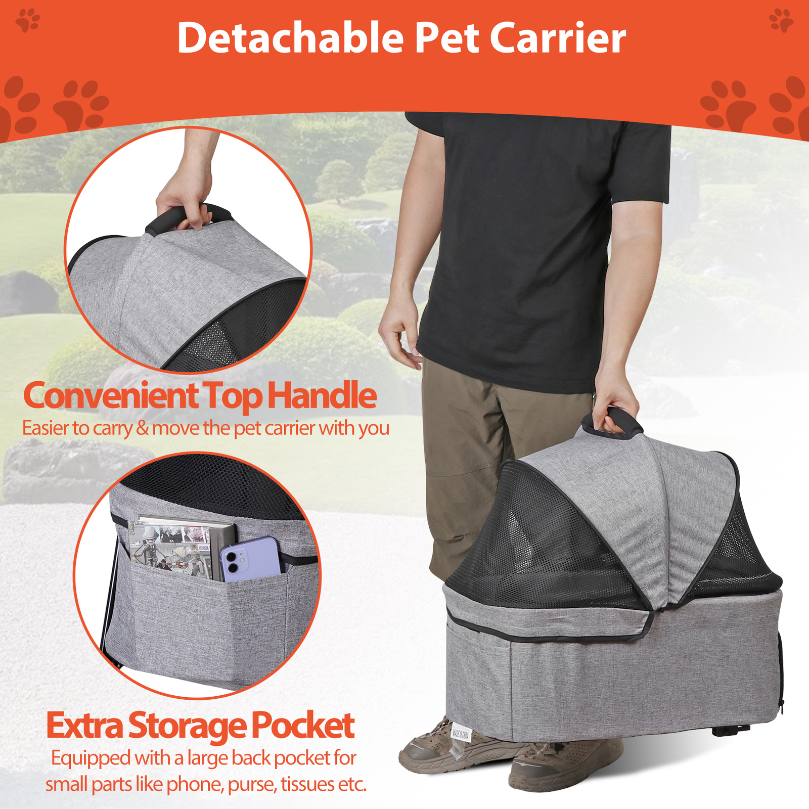 3 in 1 Folding Dog Stroller Pet Stroller for Medium Dog w/Removable Carrier Gray