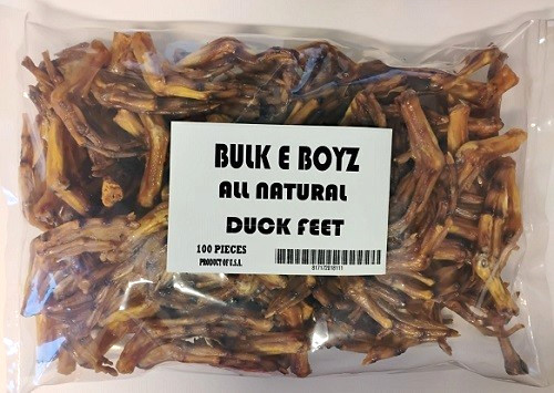 Bulk E Boyz All Natural Slow Roasted Duck Feet 100 Ct Package.