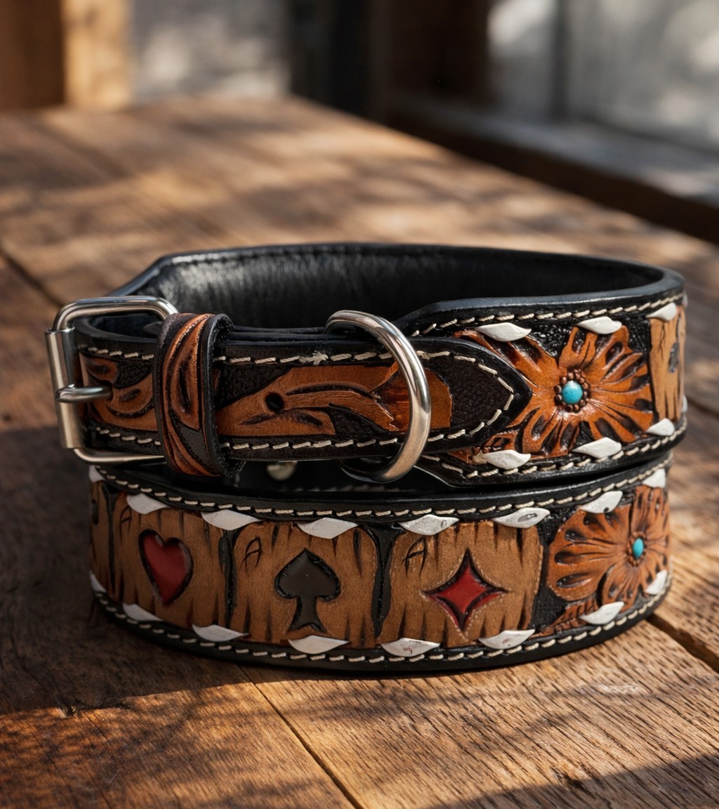 Western Leather Handmade Pet Dog Collar Heavy Duty Hand Tooled Adjustable