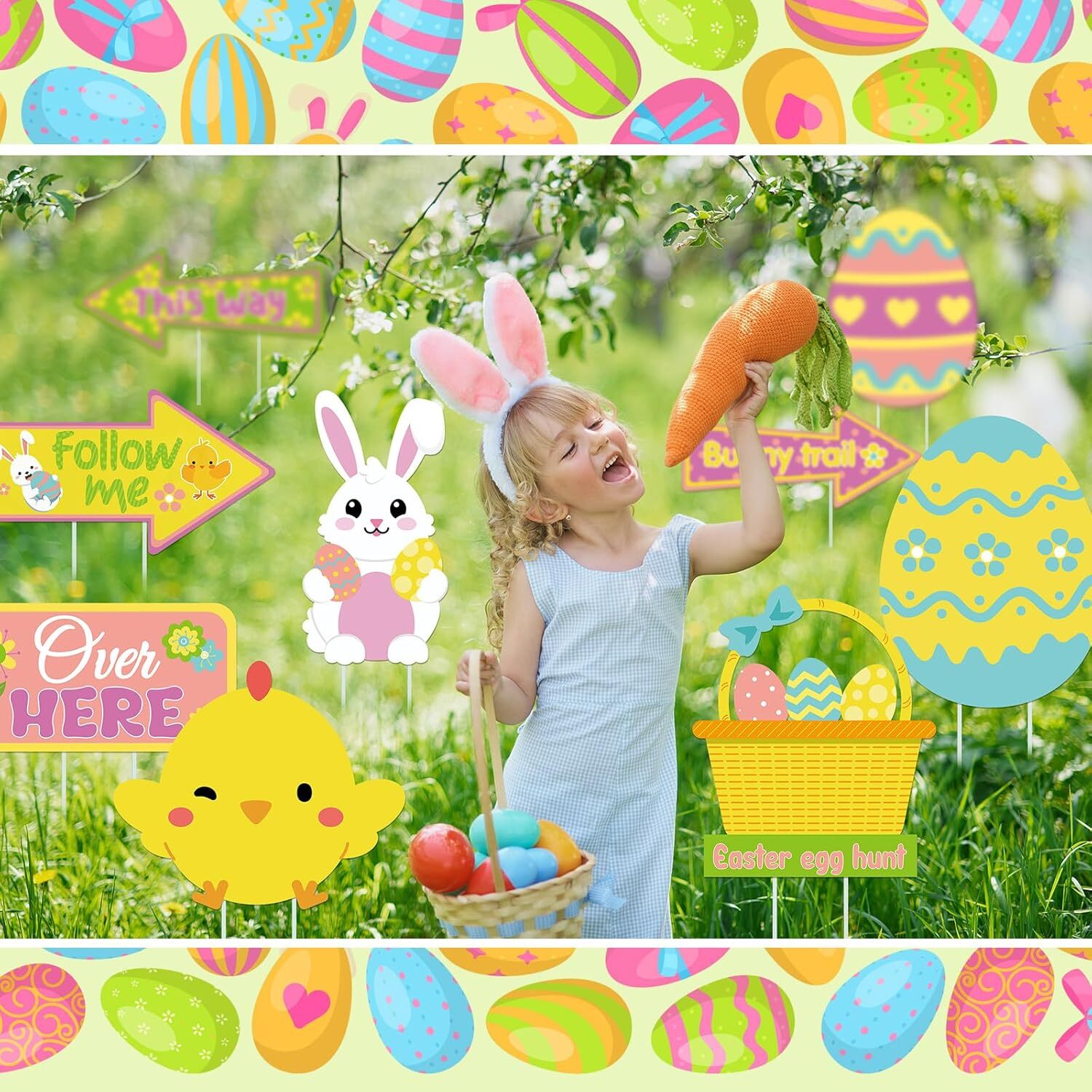 9 Pcs Easter Yard Signs Decorations Egg Hunt as shown in pictures