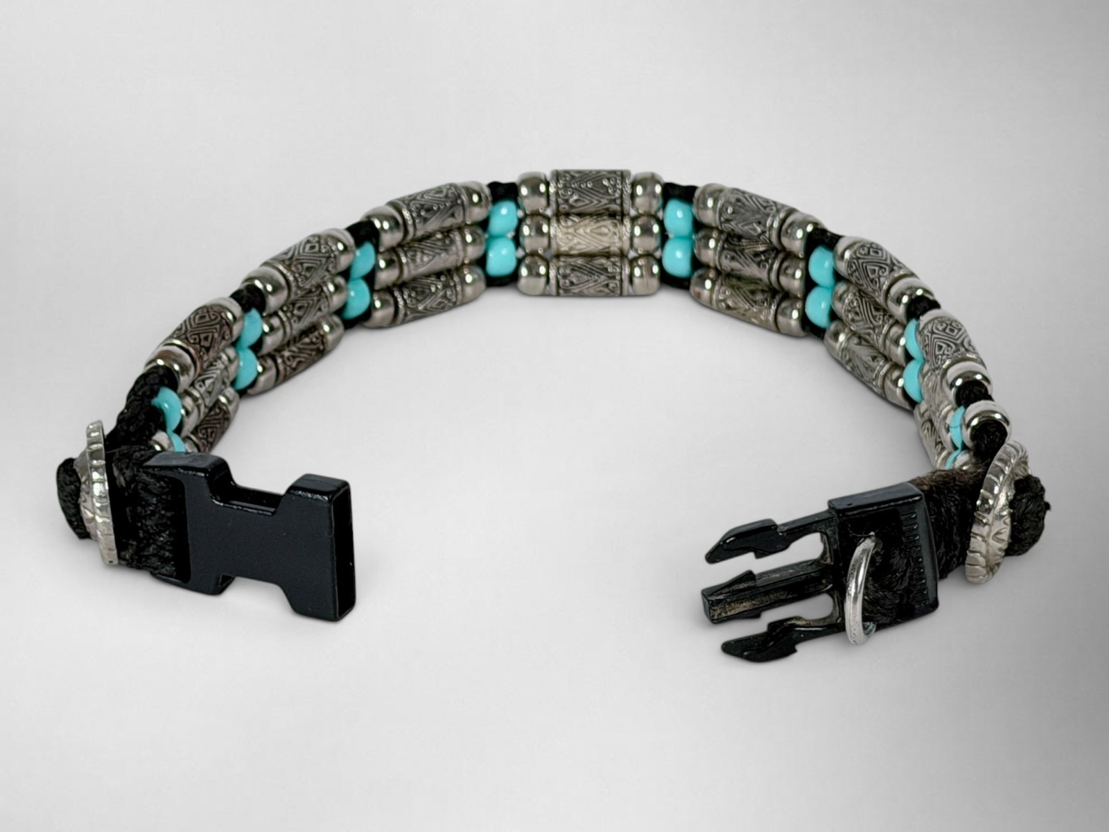 Handmade Western Horsehair Dog Collar Silver Engraved Tube Beads Turquoise 17