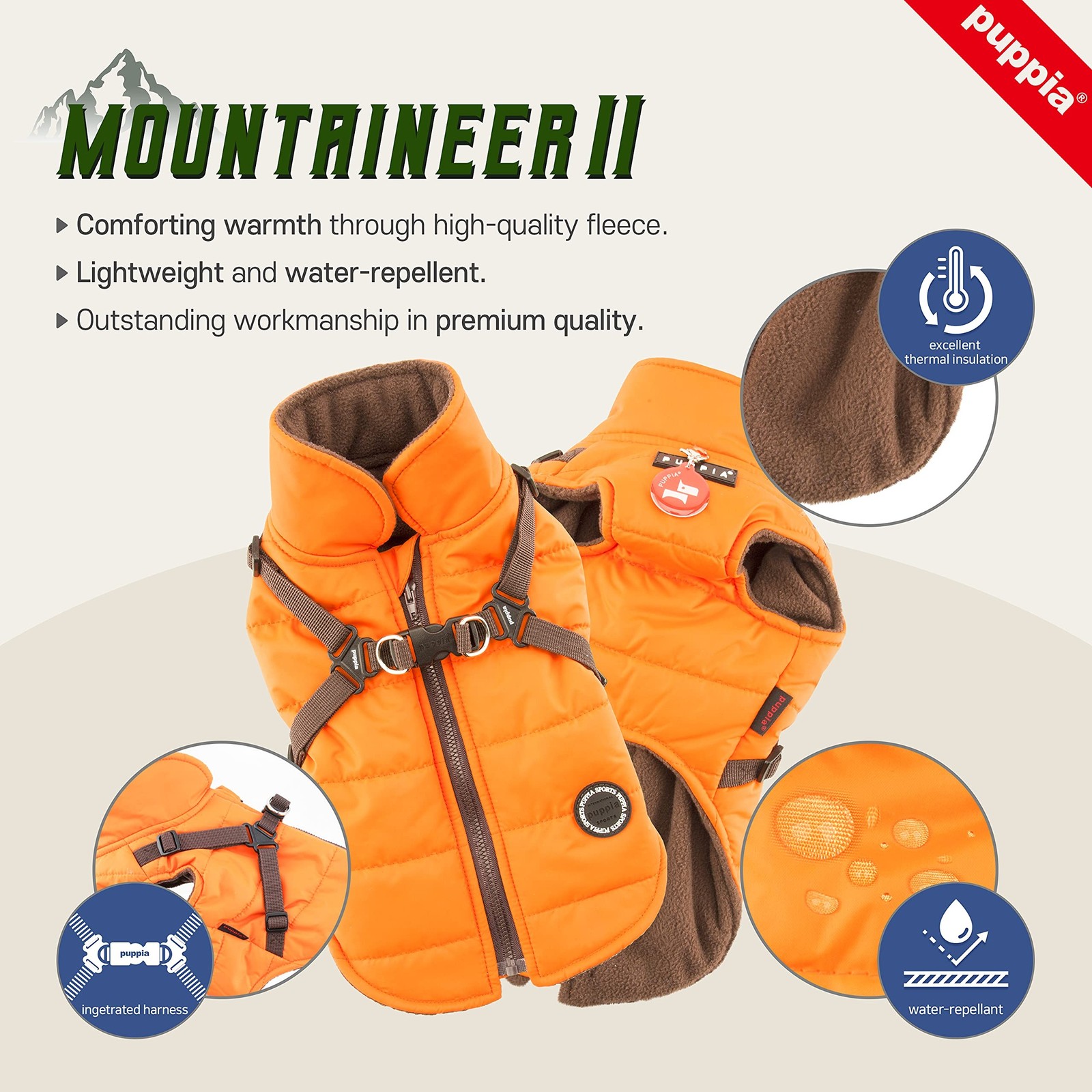 Puppia Mountaineer Winter Dog Coat with integrated harness No Pull Cold Weath…